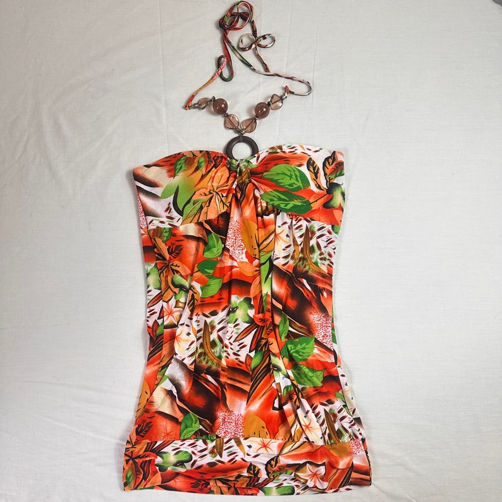 Vibrant Tropical Print Strapless Dress with Necklace